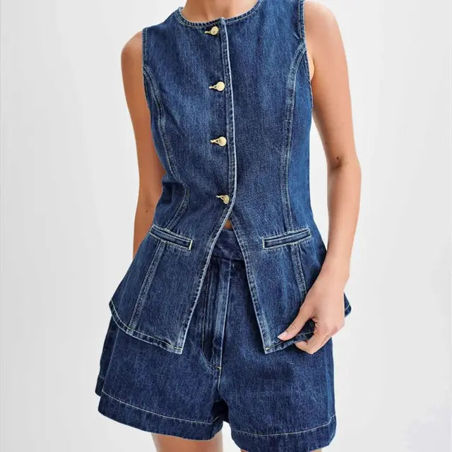 ABELA Denim Button Up Top and Shorts