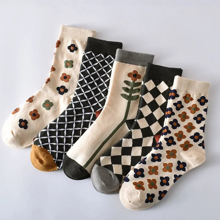 Retro Floral Socks - 5 Pairs