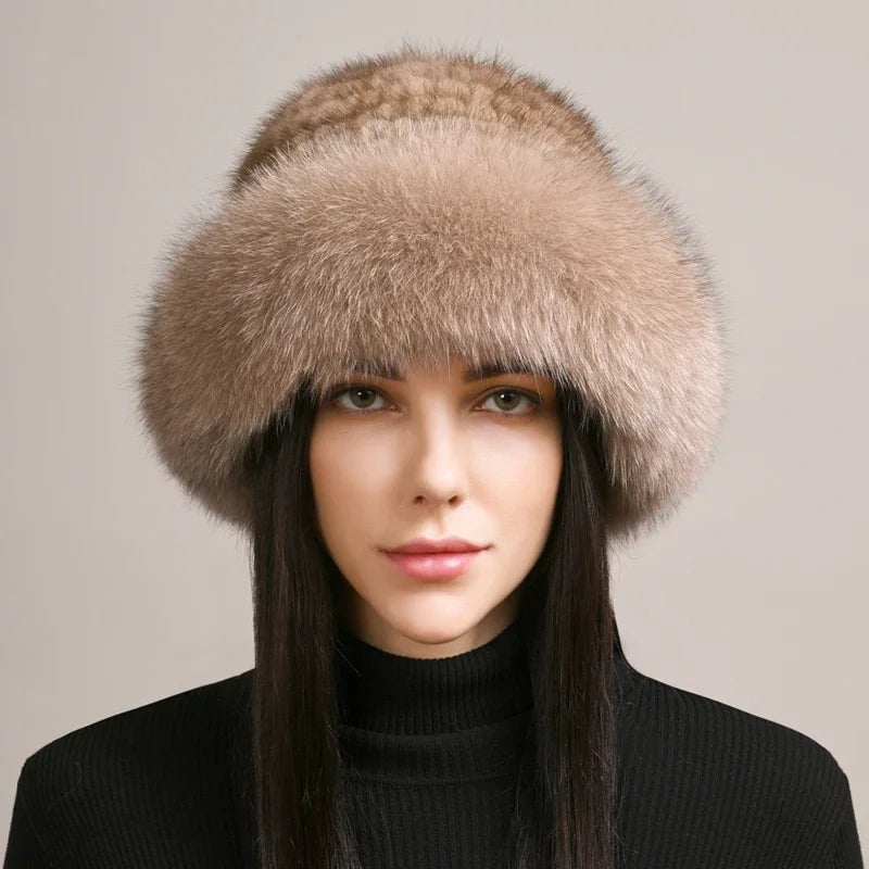 Sheared Mink Fur Cap with Fox Fur Trim