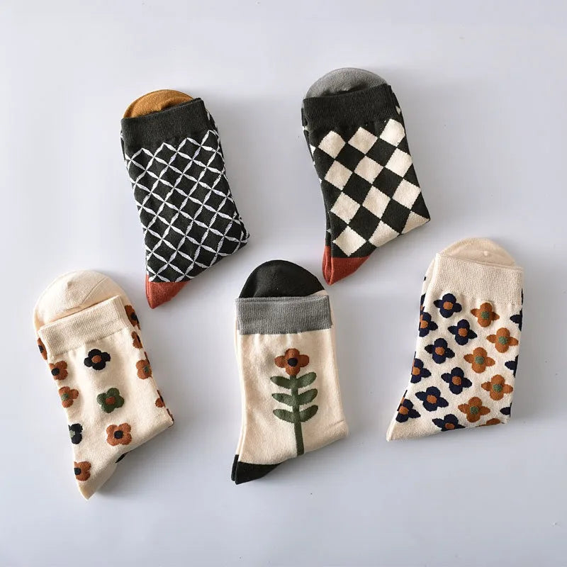 Retro Floral Socks - 5 Pairs